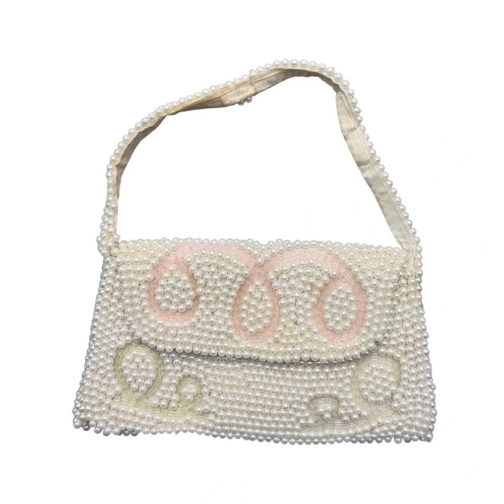Vintage 1950s Emson made In Japan Beaded Purse White, Pink, Blue, Green Accent